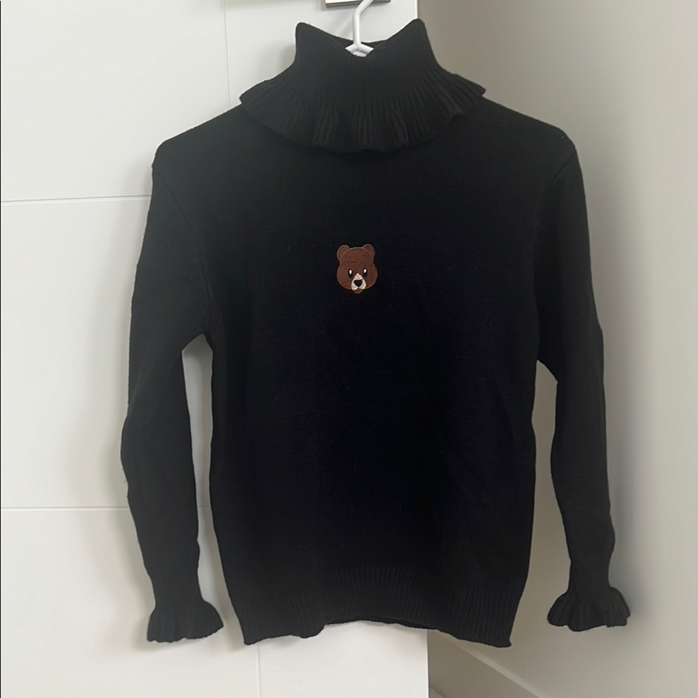 Black Turtleneck Sweater with Bear Patch